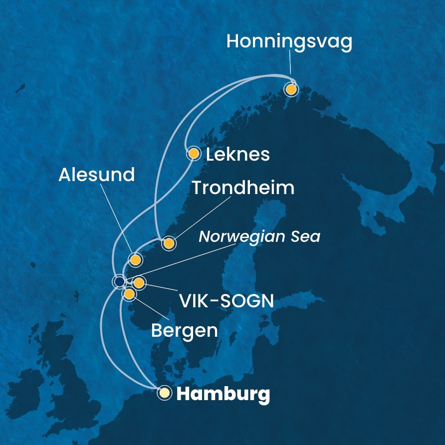 Costa Favolosa Saksa - Norja risteilyn reittikartta