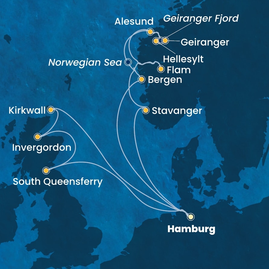 Costa Favolosa Skotlanti - Norja risteilyn reittikartta