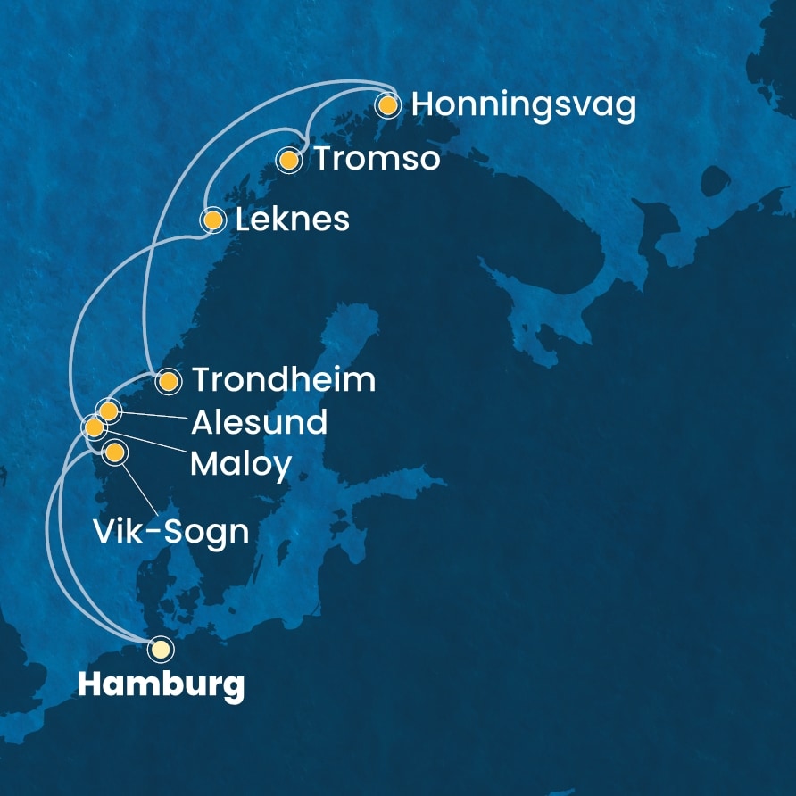Costa Favolosa Saksa - Norja risteilyn reittikartta
