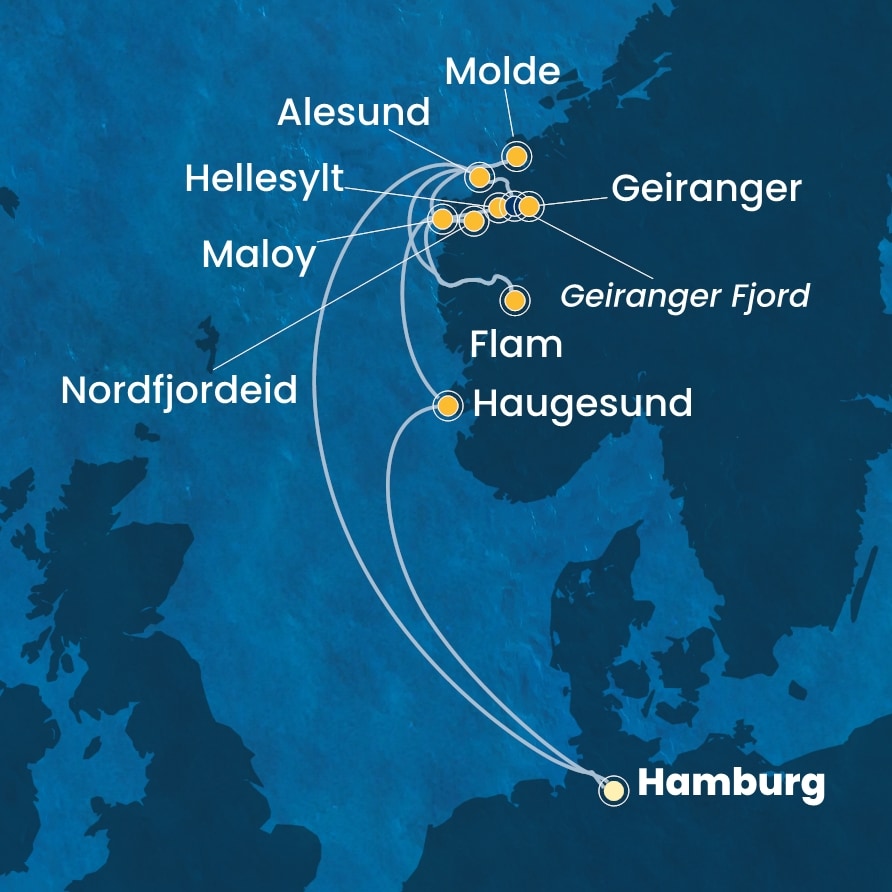Costa Favolosa Saksa - Norja risteilyn reittikartta