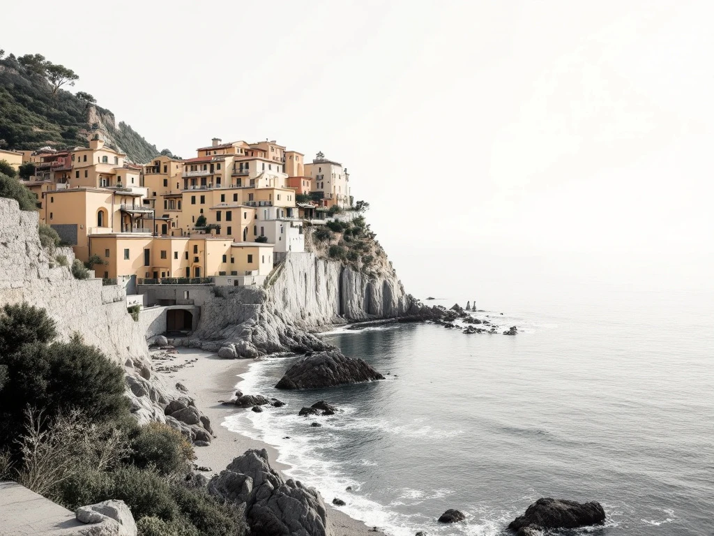 Cinque Terren värikkäät talot jyrkällä kalliolla turkoosiin Välimereen rajautuen, minimalistinen ilmakuva auringon kimalteessa.