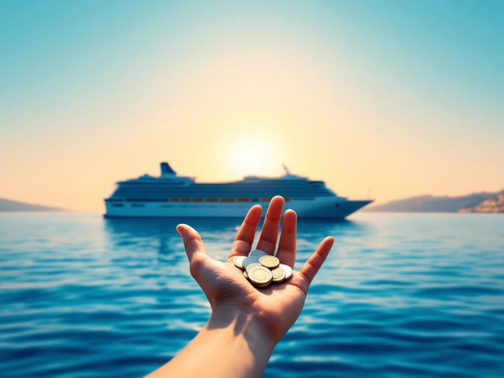 Välimeren risteilyaluksen siluetti auringonlaskussa, etualalla käsi pitelee euromünttejä tippinä. Taustalla rauhallinen sininen meri.