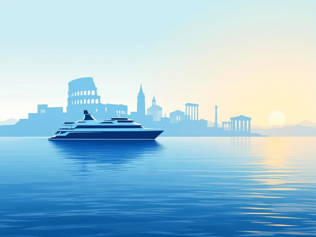 Risteilyaluksen silhuetti Välimeren sinisellä merellä. Taustalla valkoisia välimerenmaiden maamerkkejä – Colosseum, katedraali ja kreikkalaisia pylväitä – minimalistisessa auringonlaskun värimaailmassa.